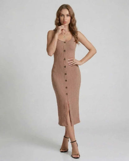 Beige Bodycon Round Neck Sleeveless Midi Dress | Formal Events, Evening Parties, Everyday Wear & Weekend Wear, front view | R | SKU: CMD-864205731-beige-L-9296,CMD-864205731-beige-M-4162,CMD-864205731-beige-S-5763,CMD-864205731-beige-XL-7069,CMD-864205731-beige-XS-9272