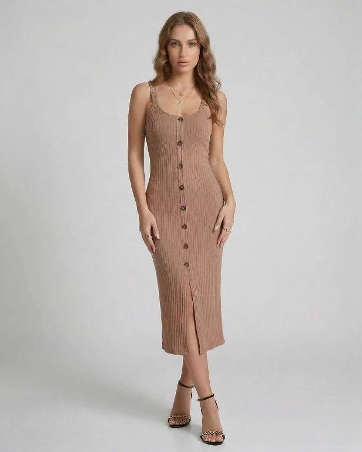 Beige Bodycon Round Neck Sleeveless Midi Dress | Formal Events, Evening Parties, Everyday Wear & Weekend Wear, front view | R | SKU: CMD-864205731-beige-L-9296,CMD-864205731-beige-M-4162,CMD-864205731-beige-S-5763,CMD-864205731-beige-XL-7069,CMD-864205731-beige-XS-9272