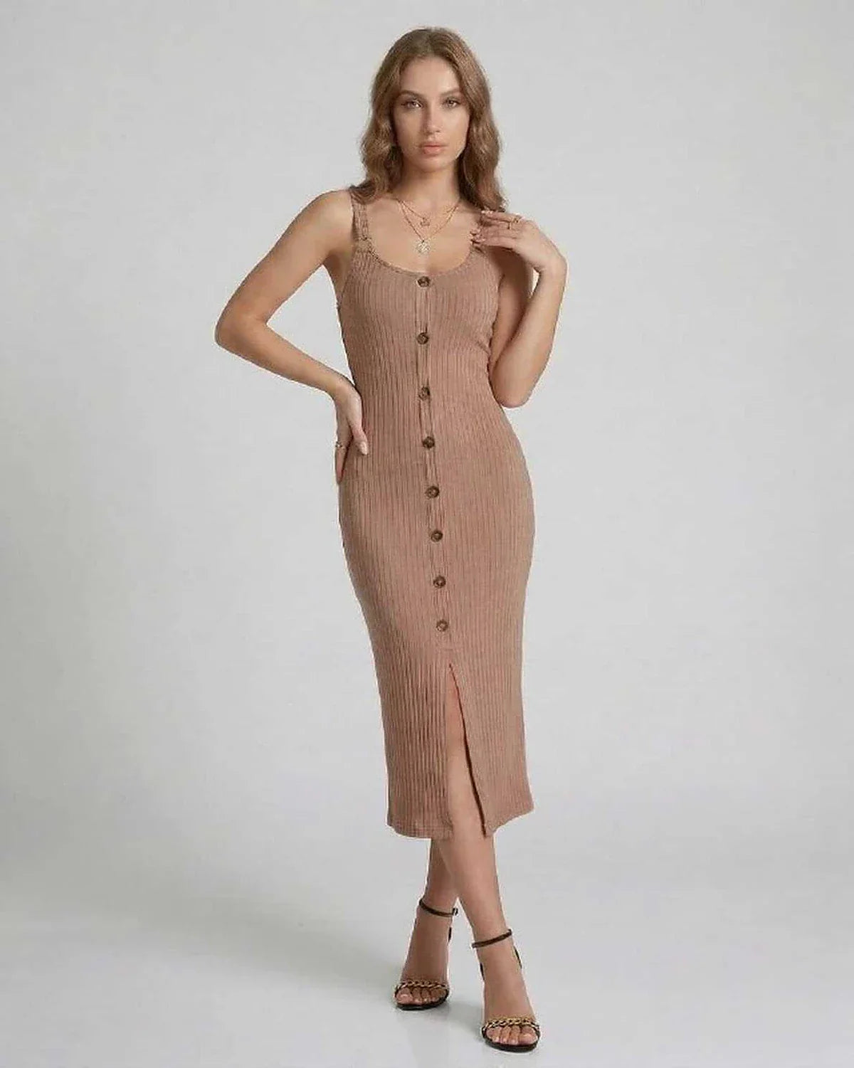 Beige Bodycon Round Neck Sleeveless Midi Dress | Formal Events, Evening Parties, Everyday Wear & Weekend Wear, front view | R | SKU: CMD-864205731-beige-L-9296,CMD-864205731-beige-M-4162,CMD-864205731-beige-S-5763,CMD-864205731-beige-XL-7069,CMD-864205731-beige-XS-9272