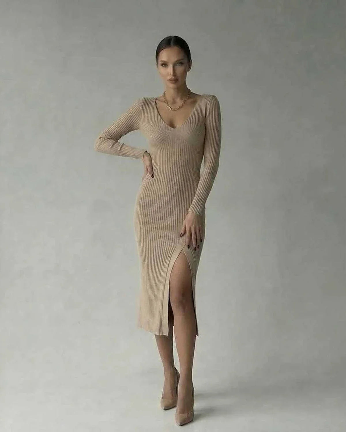 Beige Bodycon V-Neck Long Sleeve Midi Dress | Wedding Season, front view | Ramblion | SKU: SMD-582047391-beige-L-7460,SMD-582047391-beige-M-9780,SMD-582047391-beige-S-3708,SMD-582047391-beige-XL-4669,SMD-582047391-beige-XS-7277
