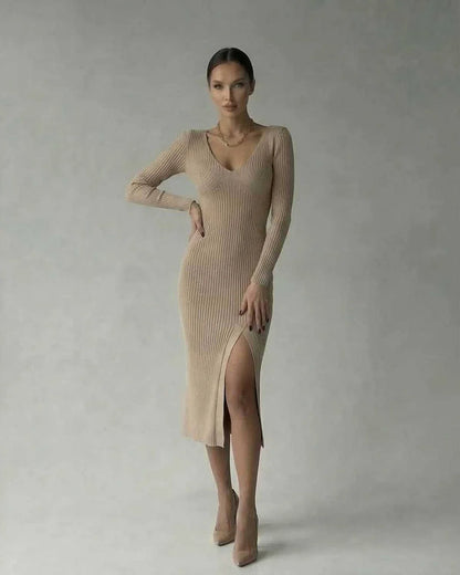 Beige Bodycon V-Neck Long Sleeve Midi Dress | Wedding Season, front view | Ramblion | SKU: SMD-582047391-beige-L-7460,SMD-582047391-beige-M-9780,SMD-582047391-beige-S-3708,SMD-582047391-beige-XL-4669,SMD-582047391-beige-XS-7277