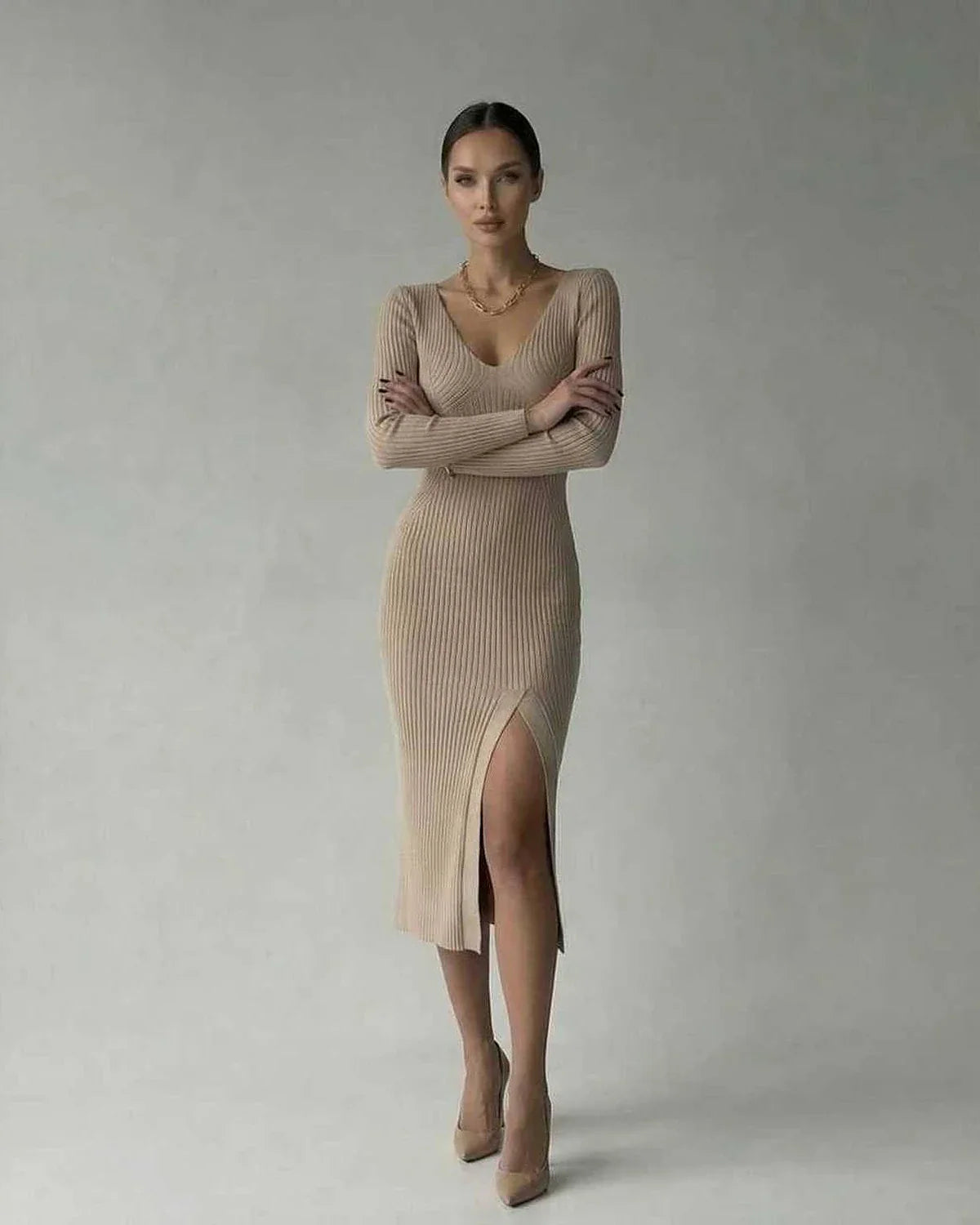 Beige Bodycon V-Neck Long Sleeve Midi Dress | Wedding Season, front view | Ramblion | SKU: SMD-582047391-beige-L-7460,SMD-582047391-beige-M-9780,SMD-582047391-beige-S-3708,SMD-582047391-beige-XL-4669,SMD-582047391-beige-XS-7277