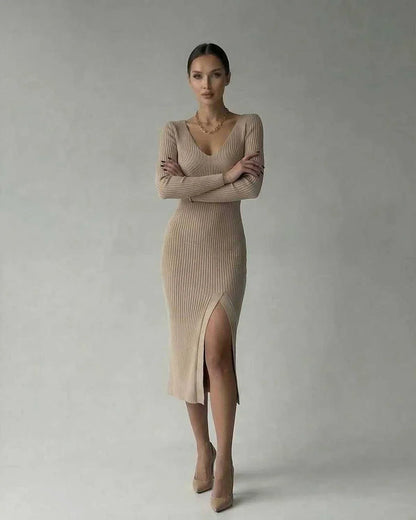 Beige Bodycon V-Neck Long Sleeve Midi Dress | Wedding Season, front view | Ramblion | SKU: SMD-582047391-beige-L-7460,SMD-582047391-beige-M-9780,SMD-582047391-beige-S-3708,SMD-582047391-beige-XL-4669,SMD-582047391-beige-XS-7277