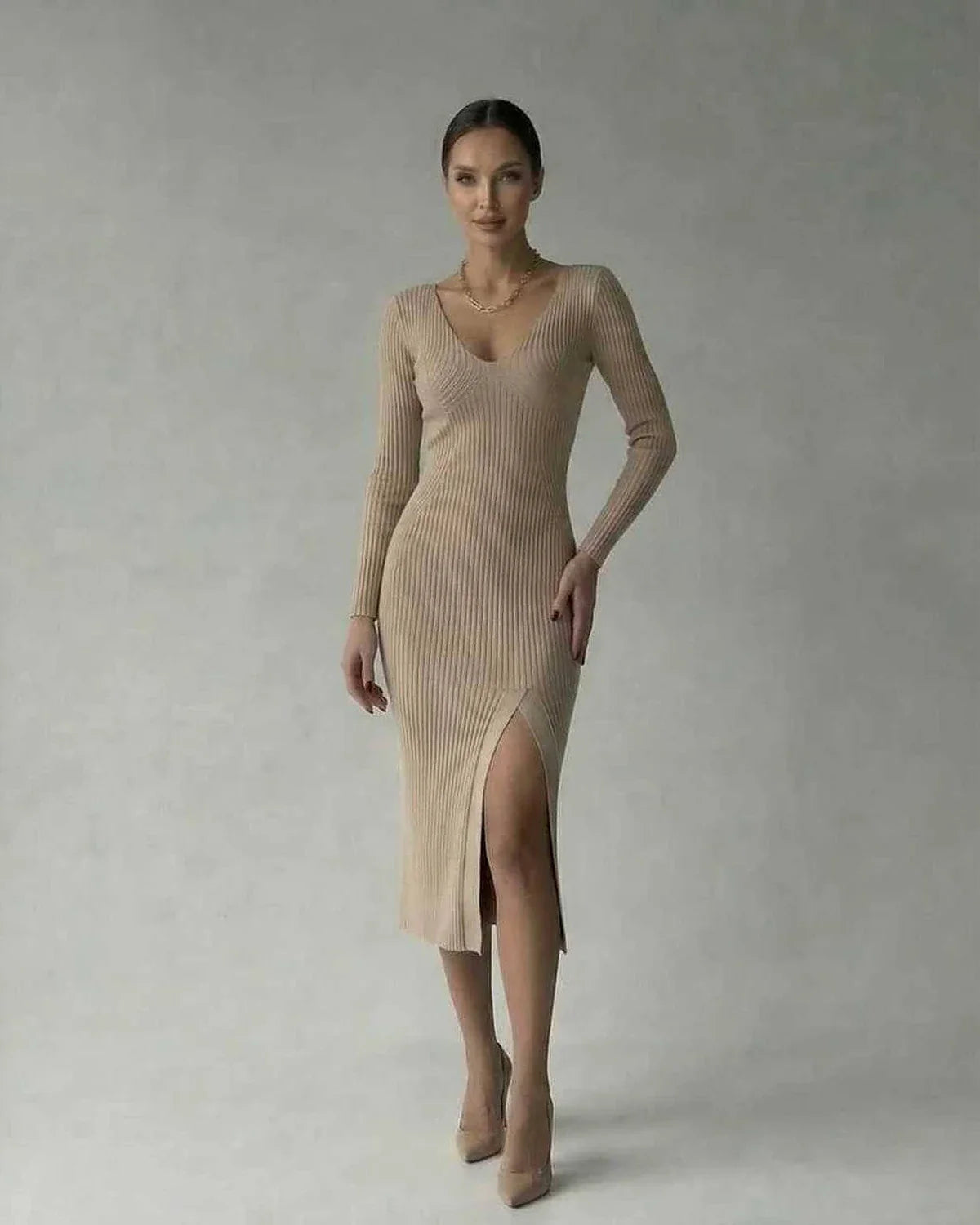 Beige Bodycon V-Neck Long Sleeve Midi Dress | Wedding Season, front view | Ramblion | SKU: SMD-582047391-beige-L-7460,SMD-582047391-beige-M-9780,SMD-582047391-beige-S-3708,SMD-582047391-beige-XL-4669,SMD-582047391-beige-XS-7277