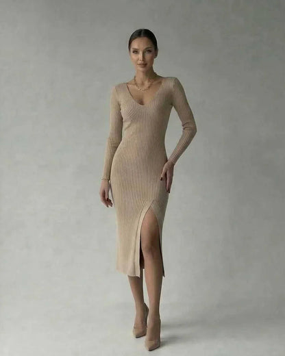 Beige Bodycon V-Neck Long Sleeve Midi Dress | Wedding Season, front view | Ramblion | SKU: SMD-582047391-beige-L-7460,SMD-582047391-beige-M-9780,SMD-582047391-beige-S-3708,SMD-582047391-beige-XL-4669,SMD-582047391-beige-XS-7277