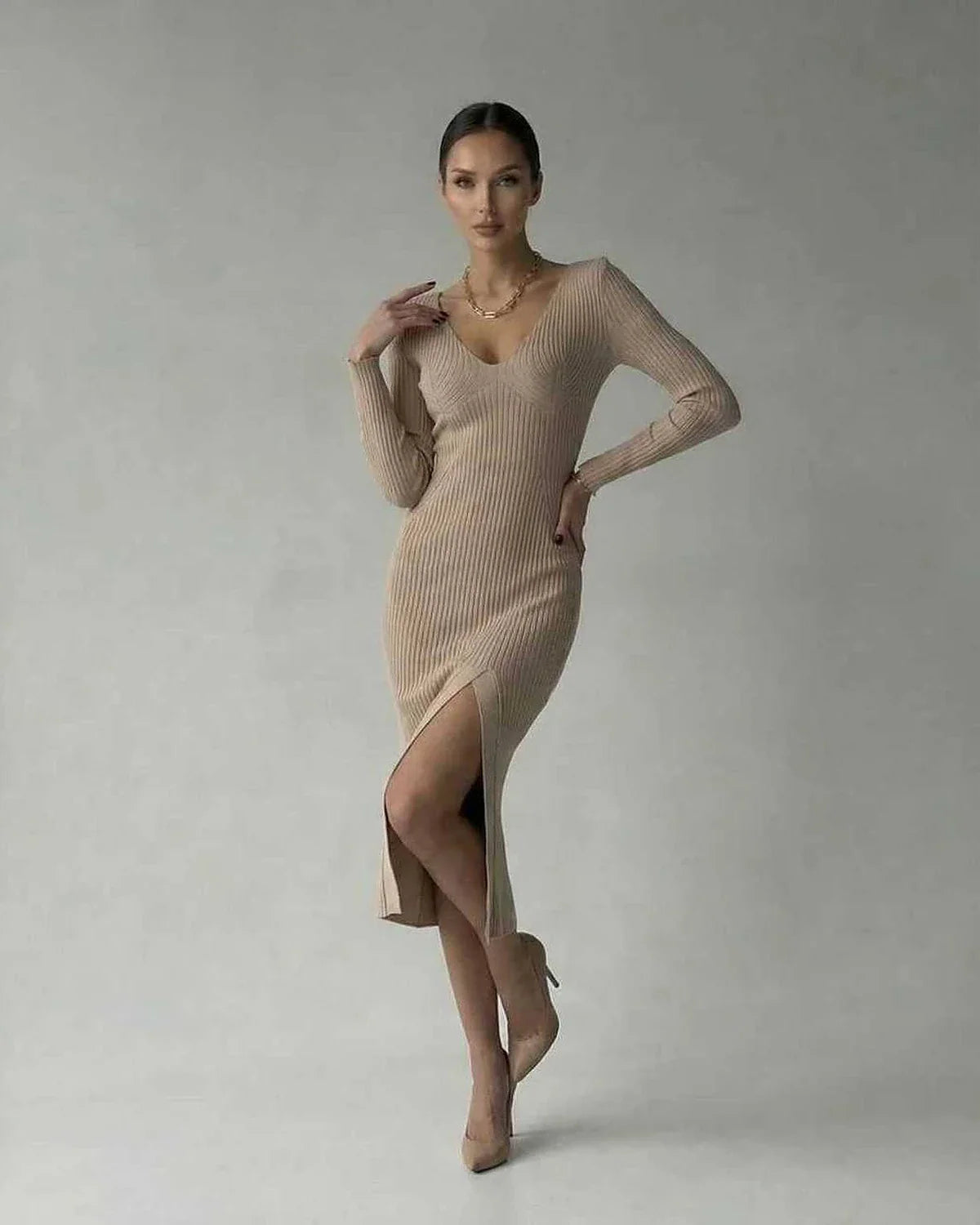 Beige Bodycon V-Neck Long Sleeve Midi Dress | Wedding Season, front view | Ramblion | SKU: SMD-582047391-beige-L-7460,SMD-582047391-beige-M-9780,SMD-582047391-beige-S-3708,SMD-582047391-beige-XL-4669,SMD-582047391-beige-XS-7277