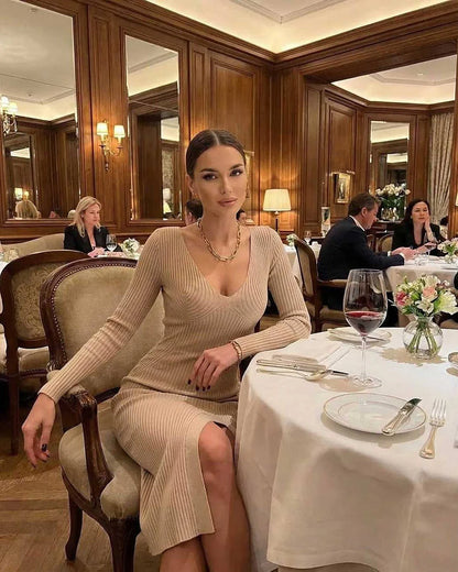 Beige Bodycon V-Neck Long Sleeve Midi Dress | Wedding Season, lifestyle shot | Ramblion | SKU: SMD-582047391-beige-L-7460,SMD-582047391-beige-M-9780,SMD-582047391-beige-S-3708,SMD-582047391-beige-XL-4669,SMD-582047391-beige-XS-7277