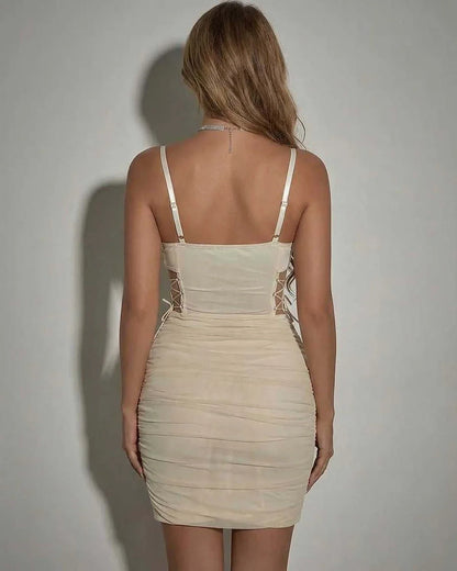 Beige Bodycon V-Neck Sleeveless Mini Dress | Formal Occasions, Party Nights & Everyday Wear, back view | Ramblion | SKU: VMN-491758263-beige-L-8318,VMN-491758263-beige-M-4227,VMN-491758263-beige-S-9400,VMN-491758263-beige-XL-9605,VMN-491758263-beige-XS-8106
