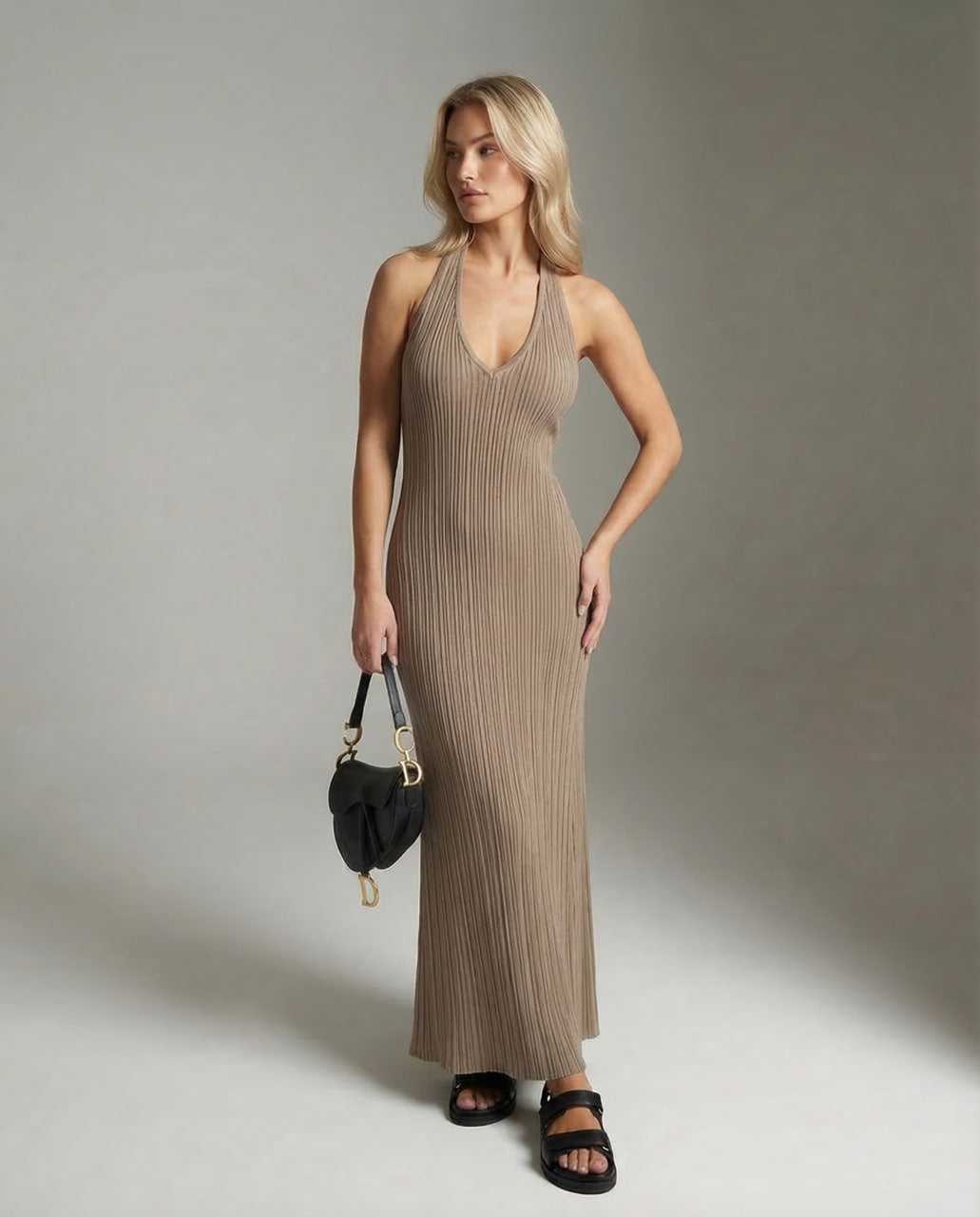 Rama Maxi Dress: Beige ankle-length, V-neck, sleeveless design for chic comfort; RAMBLION brand.