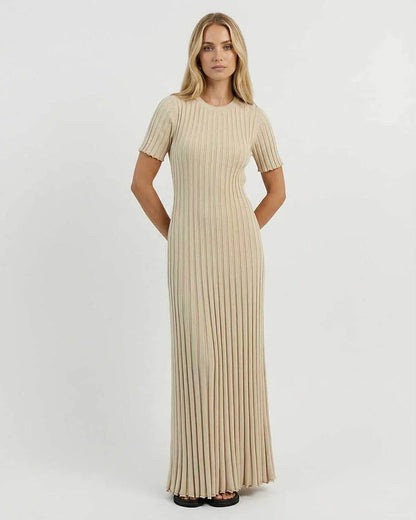 Beige Satin A-line Round Neck Short Sleeve Maxi Dress | Formal Occasions, Day-to-Night & Weekend Wear, front view | Ramblion | SKU: CMD-928374615-beige-L-7947,CMD-928374615-beige-M-635,CMD-928374615-beige-S-1500,CMD-928374615-beige-XL-4047,CMD-928374615-beige-XS-3153