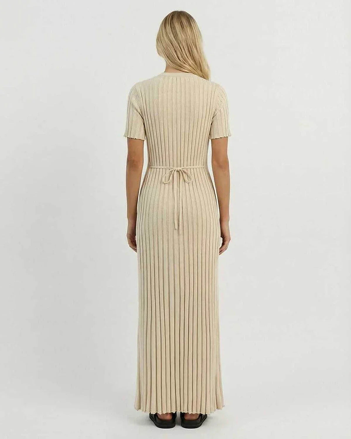 Beige Satin A-line Round Neck Short Sleeve Maxi Dress | Formal Occasions, Day-to-Night & Weekend Wear, back view | Ramblion | SKU: CMD-928374615-beige-L-7947,CMD-928374615-beige-M-635,CMD-928374615-beige-S-1500,CMD-928374615-beige-XL-4047,CMD-928374615-beige-XS-3153