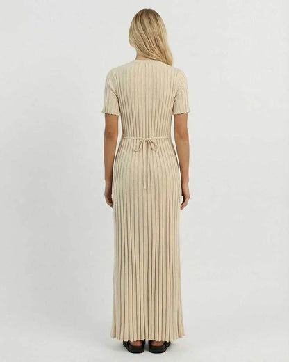 Beige Satin A-line Round Neck Short Sleeve Maxi Dress | Formal Occasions, Day-to-Night & Weekend Wear, back view | Ramblion | SKU: CMD-928374615-beige-L-7947,CMD-928374615-beige-M-635,CMD-928374615-beige-S-1500,CMD-928374615-beige-XL-4047,CMD-928374615-beige-XS-3153