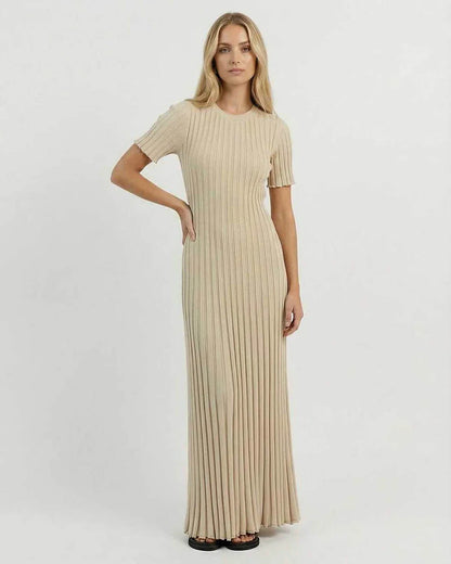Beige Satin A-line Round Neck Short Sleeve Maxi Dress | Formal Occasions, Day-to-Night & Weekend Wear, front view | Ramblion | SKU: CMD-928374615-beige-L-7947,CMD-928374615-beige-M-635,CMD-928374615-beige-S-1500,CMD-928374615-beige-XL-4047,CMD-928374615-beige-XS-3153