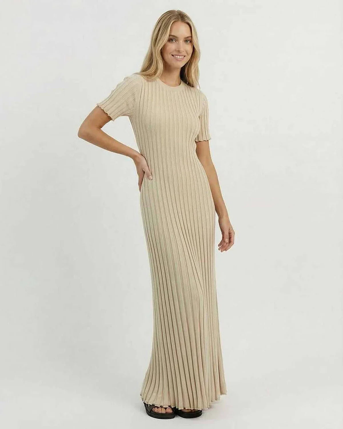 Beige Satin A-line Round Neck Short Sleeve Maxi Dress | Formal Occasions, Day-to-Night & Weekend Wear, front view | Ramblion | SKU: CMD-928374615-beige-L-7947,CMD-928374615-beige-M-635,CMD-928374615-beige-S-1500,CMD-928374615-beige-XL-4047,CMD-928374615-beige-XS-3153
