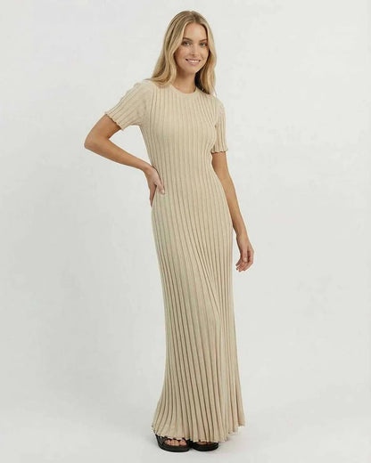 Beige Satin A-line Round Neck Short Sleeve Maxi Dress | Formal Occasions, Day-to-Night & Weekend Wear, front view | Ramblion | SKU: CMD-928374615-beige-L-7947,CMD-928374615-beige-M-635,CMD-928374615-beige-S-1500,CMD-928374615-beige-XL-4047,CMD-928374615-beige-XS-3153