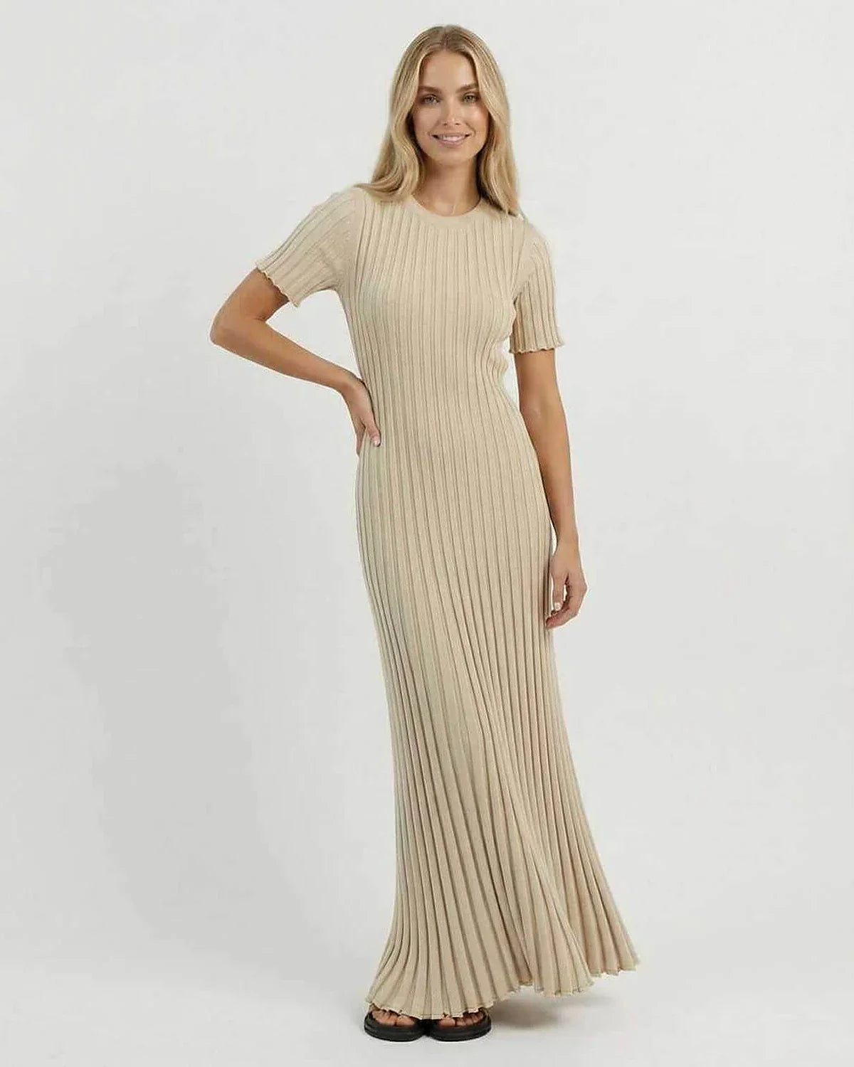 Beige Satin A-line Round Neck Short Sleeve Maxi Dress | Formal Occasions, Day-to-Night & Weekend Wear, front view | Ramblion | SKU: CMD-928374615-beige-L-7947,CMD-928374615-beige-M-635,CMD-928374615-beige-S-1500,CMD-928374615-beige-XL-4047,CMD-928374615-beige-XS-3153