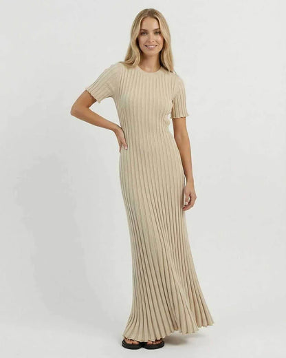 Beige Satin A-line Round Neck Short Sleeve Maxi Dress | Formal Occasions, Day-to-Night & Weekend Wear, front view | Ramblion | SKU: CMD-928374615-beige-L-7947,CMD-928374615-beige-M-635,CMD-928374615-beige-S-1500,CMD-928374615-beige-XL-4047,CMD-928374615-beige-XS-3153