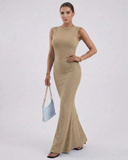 Beige Satin Gown Round Neck Sleeveless Maxi Dress | Formal Occasions, Day-to-Night & Casual Outings, front view | Ramblion | SKU: AMD-394857261-beige-L-1275,AMD-394857261-beige-M-3330,AMD-394857261-beige-S-7814,AMD-394857261-beige-XL-8908,AMD-394857261-beige-XS-1452