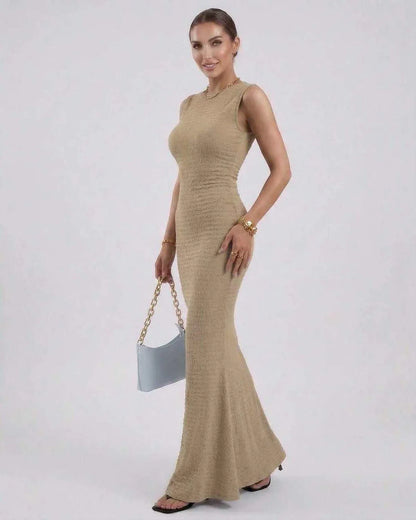 Beige Satin Gown Round Neck Sleeveless Maxi Dress | Formal Occasions, Day-to-Night & Casual Outings, side view | Ramblion | SKU: AMD-394857261-beige-L-1275,AMD-394857261-beige-M-3330,AMD-394857261-beige-S-7814,AMD-394857261-beige-XL-8908,AMD-394857261-beige-XS-1452