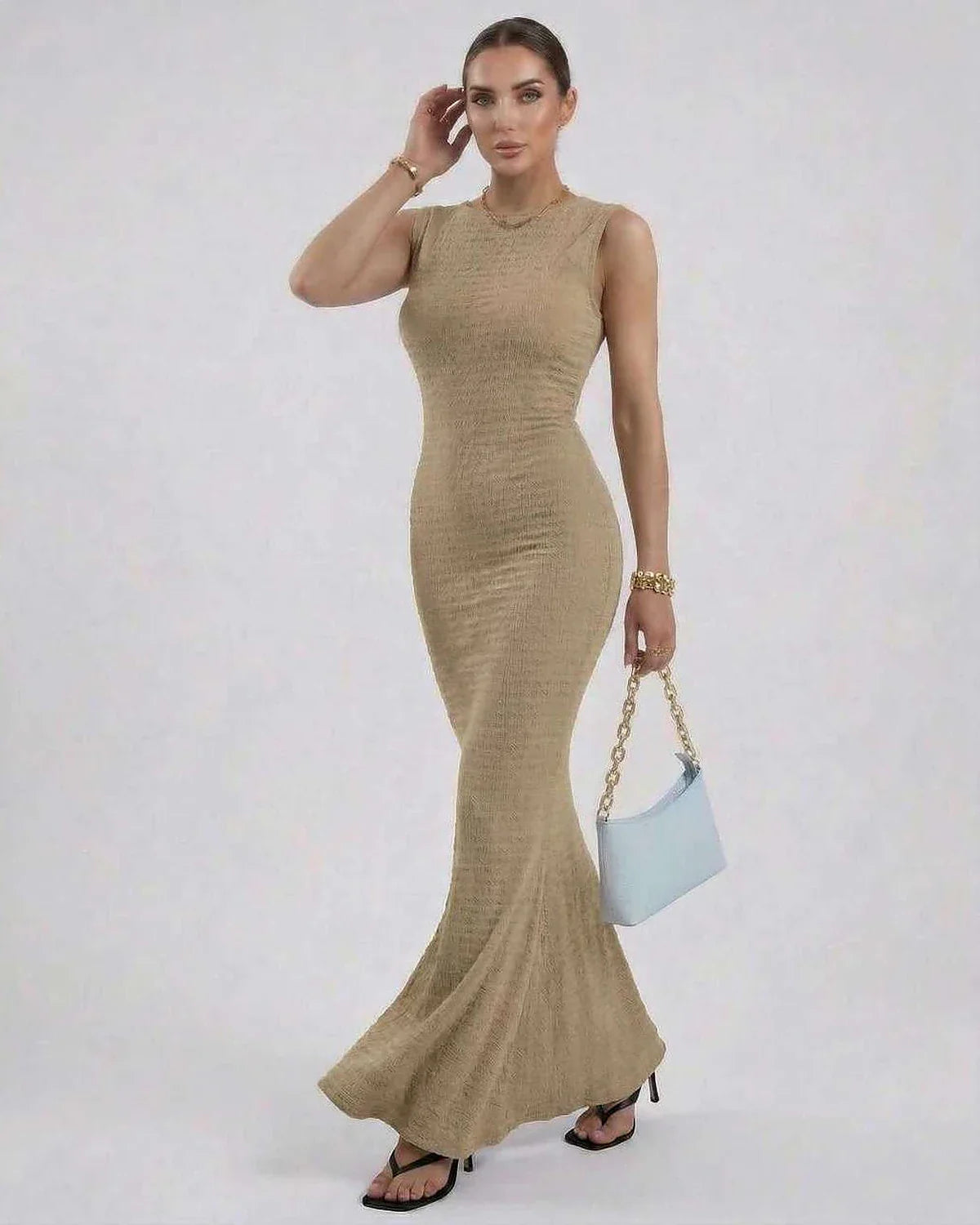 Beige Satin Gown Round Neck Sleeveless Maxi Dress | Formal Occasions, Day-to-Night & Casual Outings, front view | Ramblion | SKU: AMD-394857261-beige-L-1275,AMD-394857261-beige-M-3330,AMD-394857261-beige-S-7814,AMD-394857261-beige-XL-8908,AMD-394857261-beige-XS-1452