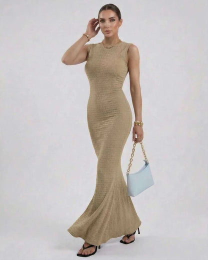Beige Satin Gown Round Neck Sleeveless Maxi Dress | Formal Occasions, Day-to-Night & Casual Outings, front view | Ramblion | SKU: AMD-394857261-beige-L-1275,AMD-394857261-beige-M-3330,AMD-394857261-beige-S-7814,AMD-394857261-beige-XL-8908,AMD-394857261-beige-XS-1452