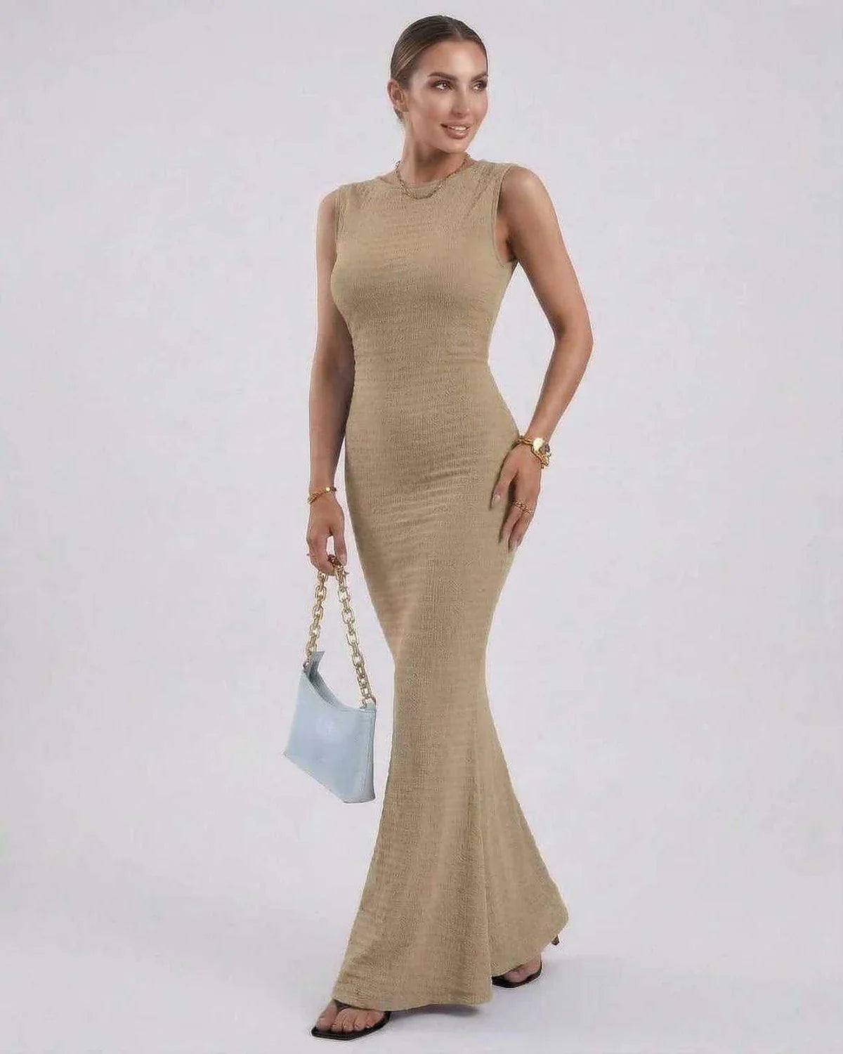 Beige Satin Gown Round Neck Sleeveless Maxi Dress | Formal Occasions, Day-to-Night & Casual Outings, front view | Ramblion | SKU: AMD-394857261-beige-L-1275,AMD-394857261-beige-M-3330,AMD-394857261-beige-S-7814,AMD-394857261-beige-XL-8908,AMD-394857261-beige-XS-1452