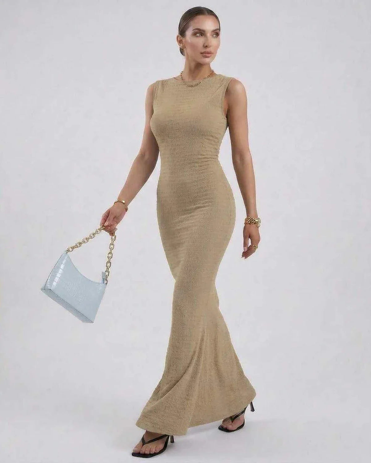 Beige Satin Gown Round Neck Sleeveless Maxi Dress | Formal Occasions, Day-to-Night & Casual Outings, side view | Ramblion | SKU: AMD-394857261-beige-L-1275,AMD-394857261-beige-M-3330,AMD-394857261-beige-S-7814,AMD-394857261-beige-XL-8908,AMD-394857261-beige-XS-1452