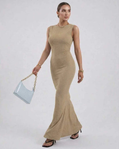Beige Satin Gown Round Neck Sleeveless Maxi Dress | Formal Occasions, Day-to-Night & Casual Outings, side view | Ramblion | SKU: AMD-394857261-beige-L-1275,AMD-394857261-beige-M-3330,AMD-394857261-beige-S-7814,AMD-394857261-beige-XL-8908,AMD-394857261-beige-XS-1452