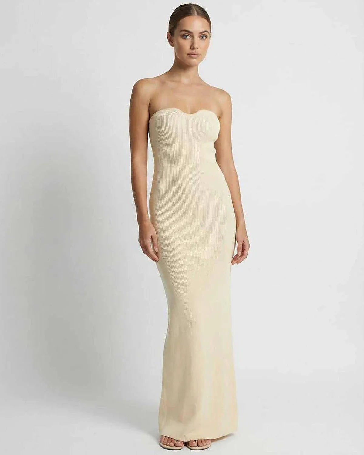 Beige Satin Gown Strapless Maxi Dress | Bridal Showers, front view | Ramblion | SKU: AMD-830471629-beige-L-9761,AMD-830471629-beige-M-3917,AMD-830471629-beige-S-9747,AMD-830471629-beige-XL-680,AMD-830471629-beige-XS-8519