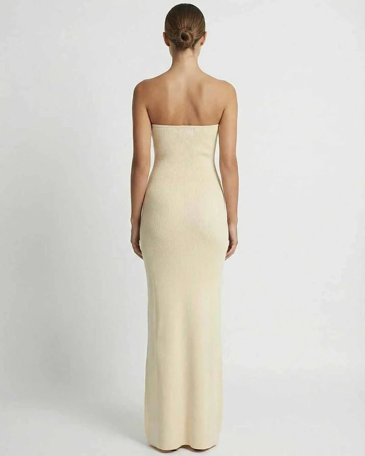 Beige Satin Gown Strapless Maxi Dress | Bridal Showers, back view | Ramblion | SKU: AMD-830471629-beige-L-9761,AMD-830471629-beige-M-3917,AMD-830471629-beige-S-9747,AMD-830471629-beige-XL-680,AMD-830471629-beige-XS-8519