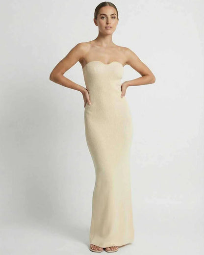 Beige Satin Gown Strapless Maxi Dress | Bridal Showers, front view | Ramblion | SKU: AMD-830471629-beige-L-9761,AMD-830471629-beige-M-3917,AMD-830471629-beige-S-9747,AMD-830471629-beige-XL-680,AMD-830471629-beige-XS-8519