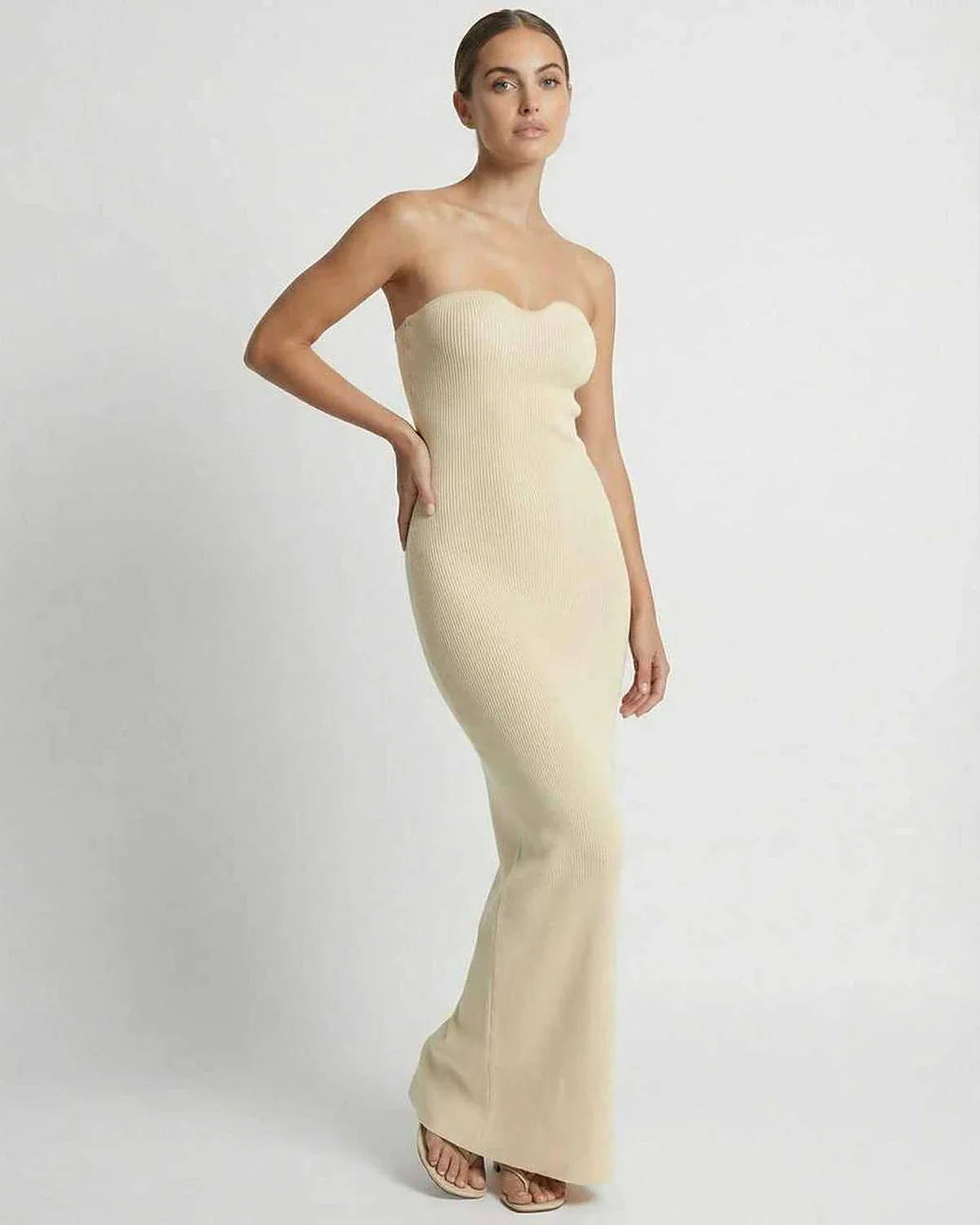Beige Satin Gown Strapless Maxi Dress | Bridal Showers, side view | Ramblion | SKU: AMD-830471629-beige-L-9761,AMD-830471629-beige-M-3917,AMD-830471629-beige-S-9747,AMD-830471629-beige-XL-680,AMD-830471629-beige-XS-8519