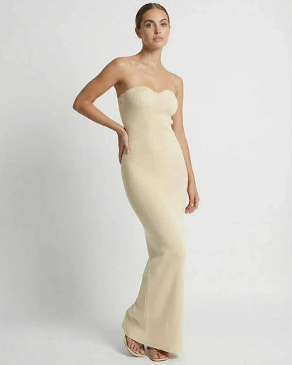 Beige Satin Gown Strapless Maxi Dress | Bridal Showers, side view | Ramblion | SKU: AMD-830471629-beige-L-9761,AMD-830471629-beige-M-3917,AMD-830471629-beige-S-9747,AMD-830471629-beige-XL-680,AMD-830471629-beige-XS-8519