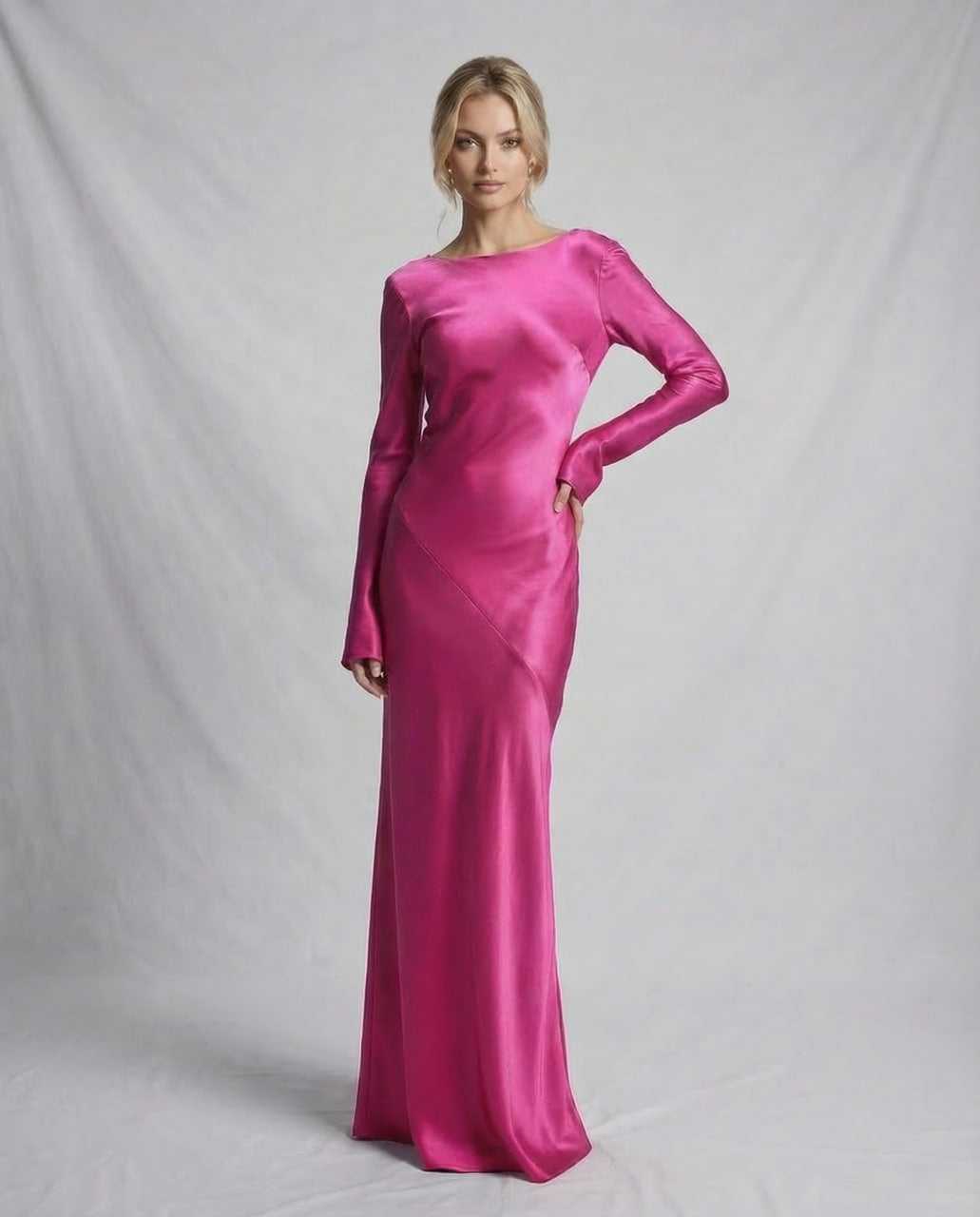 Bess Maxi Dress - pink ankle-length gown with satin finish, elegant silhouette by RAMBLION