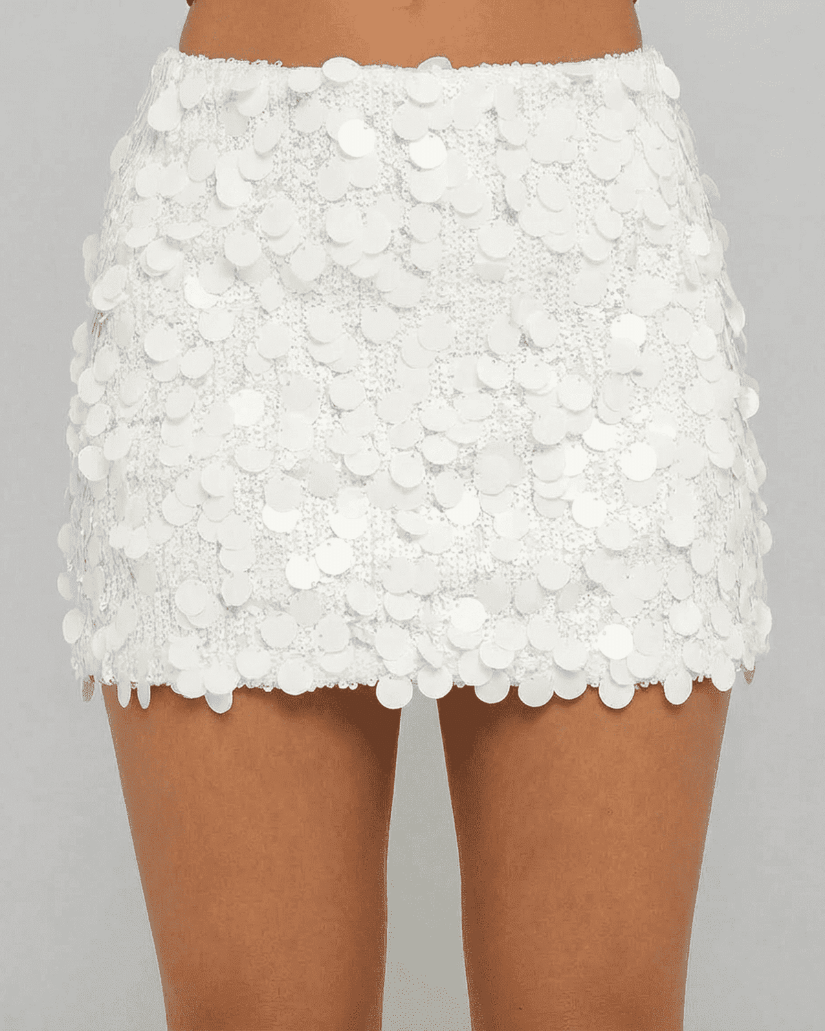 Bianca Mini Skirt - Elegant white sequin A-line bodycon mini skirt by RAMBLION, perfect for parties and summer events.