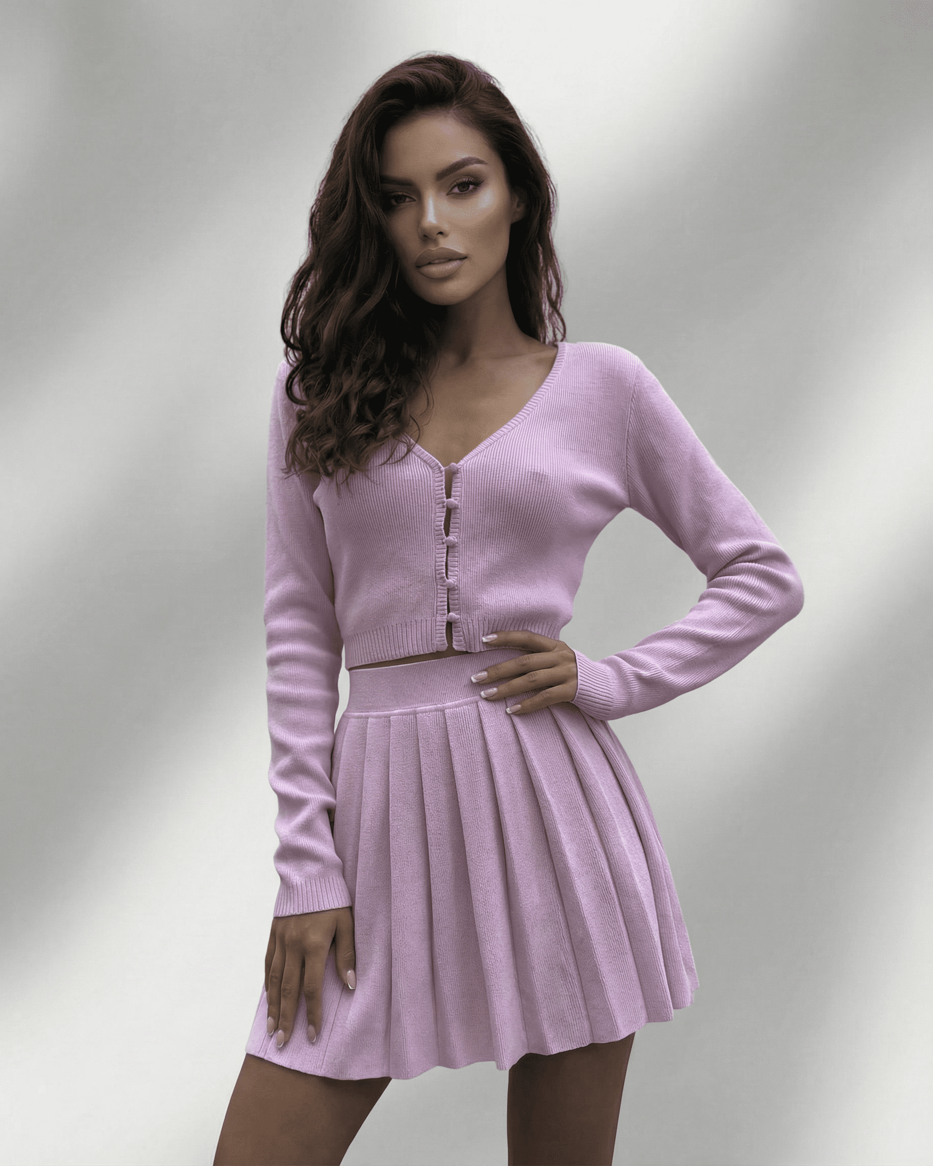 Bianca Set featuring a pink mini dress with V neck, soft knit, and modern cardigan by RAMBLION, perfect for stylish occasions.