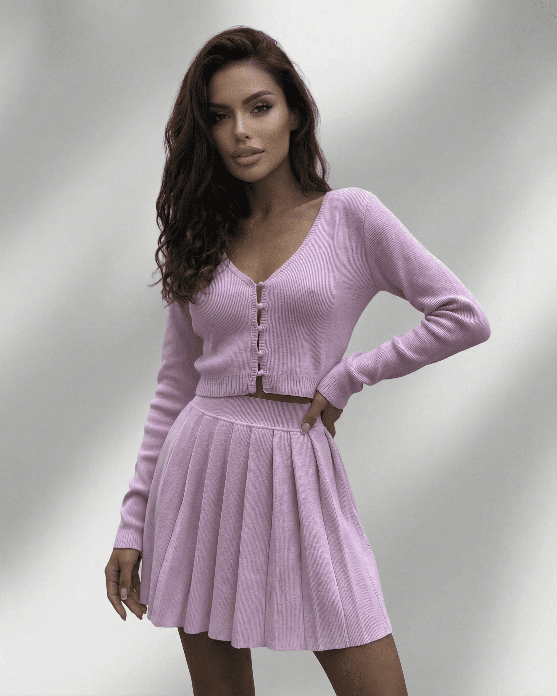 Bianca Set by RAMBLION: Soft pink mini dress, V-neck, modern silhouette, perfect for stylish occasions.