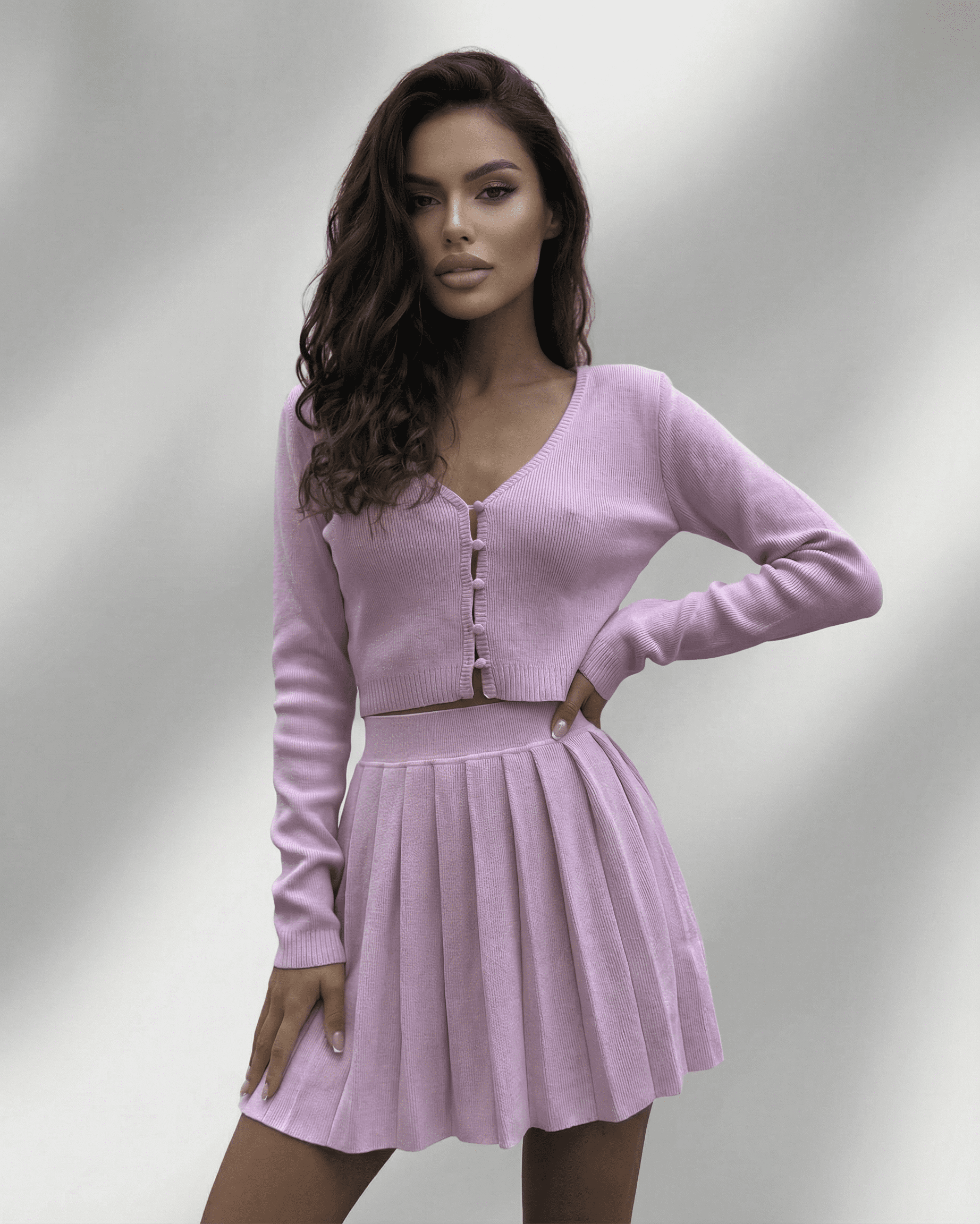 Pink V-Neck Long Sleeve Set, M