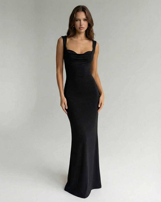 Biot Maxi Dress in black satin, ankle-length, sweetheart neckline; perfect formal wear by RAMBLION.