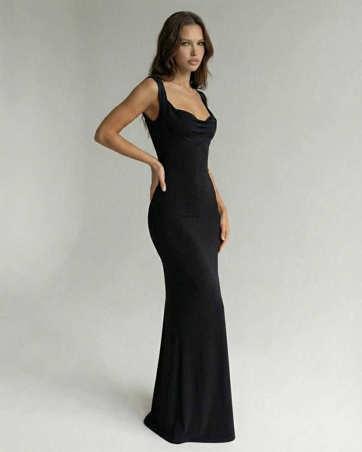 Biot Maxi Dress in black satin, ankle-length, features sweetheart neckline, perfect for formal occasions by RAMBLION.
