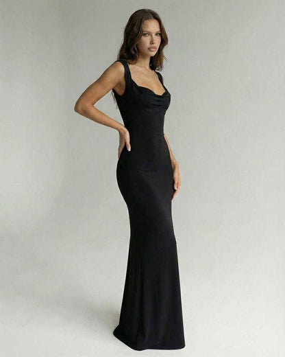 Biot Maxi Dress in black satin, ankle-length, features sweetheart neckline, perfect for formal occasions by RAMBLION.
