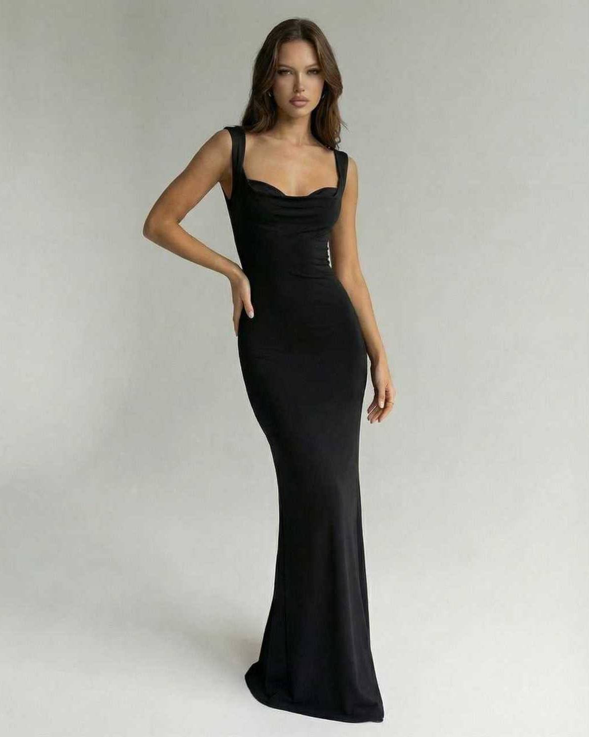 Biot Maxi Dress by RAMBLION, black satin ankle-length dress with sweetheart neckline, perfect for formal occasions.