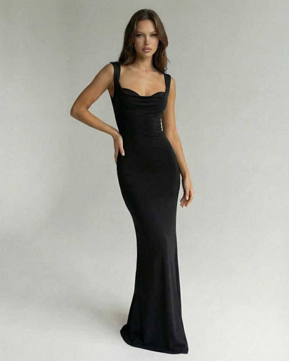 Biot Maxi Dress by RAMBLION, black satin ankle-length dress with sweetheart neckline, perfect for formal occasions.