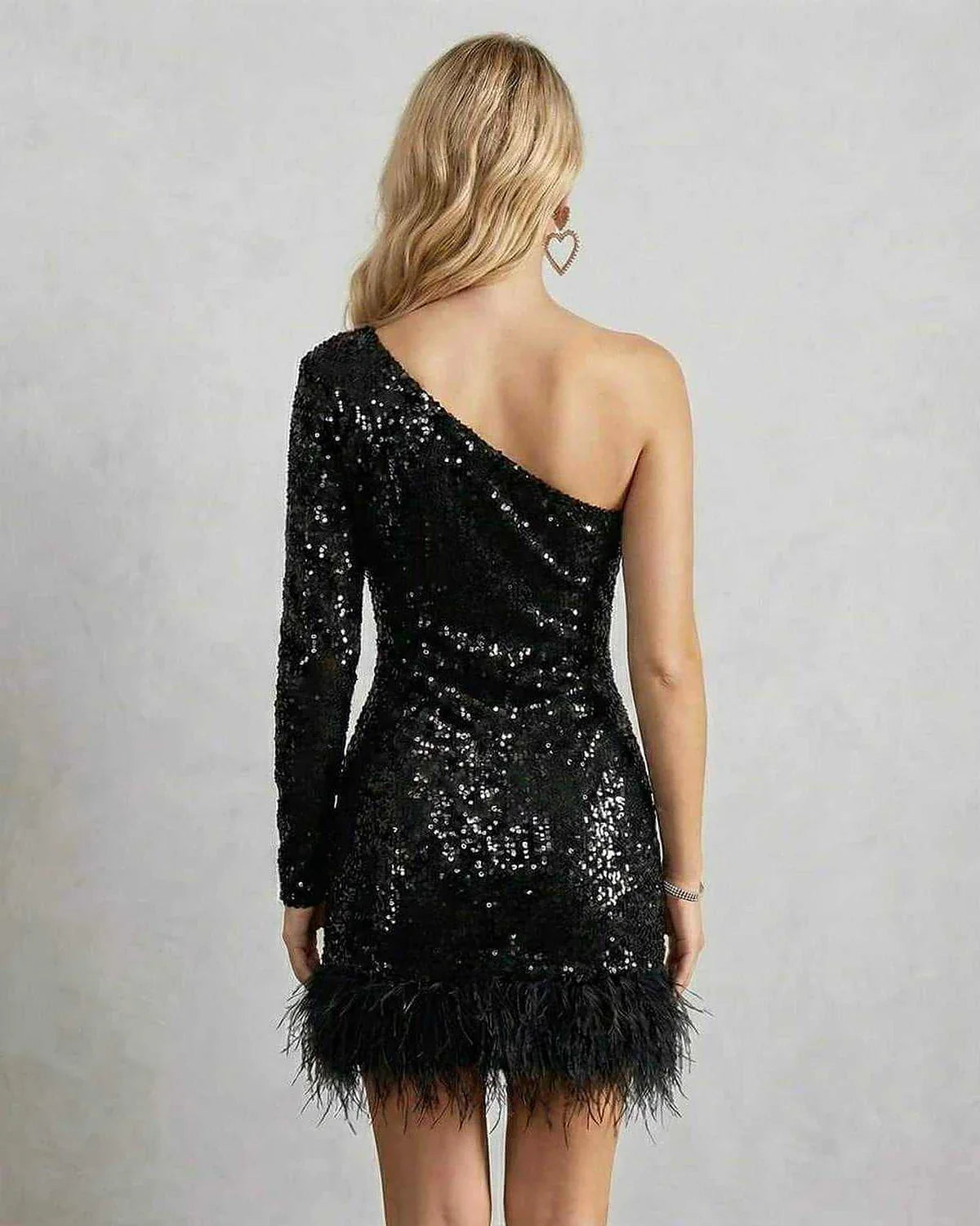 Black A-line Asymmetric Long Sleeve Mini Dress | Gala Nights, Cocktail Parties & Casual Wear, back view | Ramblion | SKU: CMD-49721-black-L-9135,CMD-49721-black-M-9830,CMD-49721-black-S-1189,CMD-49721-black-XL-3905,CMD-49721-black-XS-3419