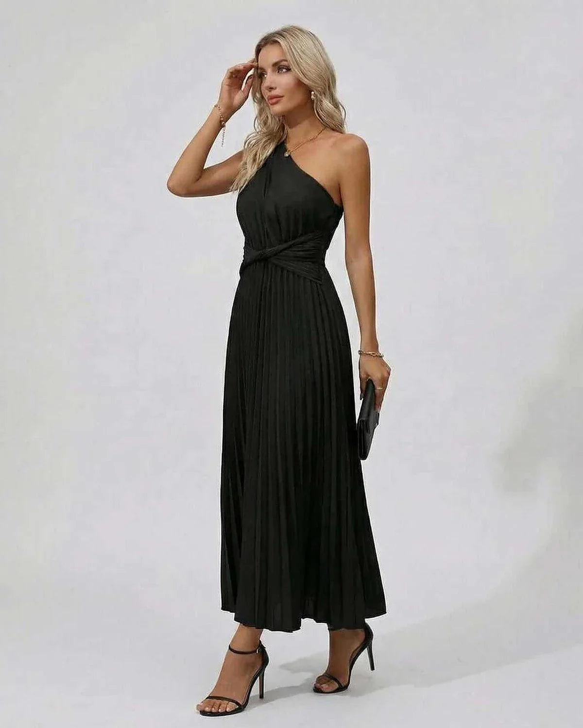 Black A-line Asymmetric Sleeveless Midi Dress | Formal Events, Cocktail Hour, Wedding Guest & Day-to-Night, side view | Rambl | SKU: NMD-374920186-black-L-5993,NMD-374920186-black-M-5301,NMD-374920186-black-S-6173,NMD-374920186-black-XL-1407,NMD-374920186-black-XS-3299