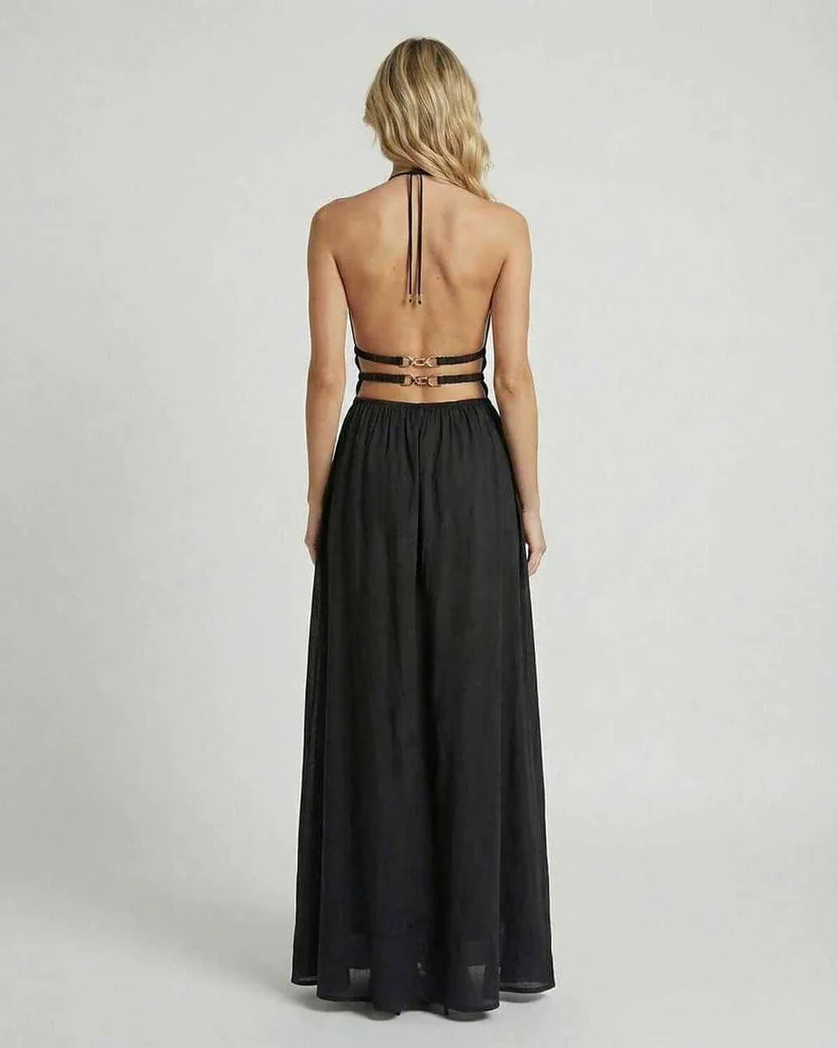 Black A-line Halter Sleeveless Maxi Dress | Weddings, back view | Ramblion | SKU: CMD-48273-black-L-458-2774,CMD-48273-black-M-3244-789,CMD-48273-black-S-8165-9010,CMD-48273-black-XL-1139-7569,CMD-48273-black-XS-1891-9921