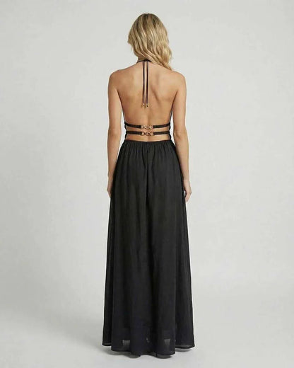 Black A-line Halter Sleeveless Maxi Dress | Weddings, back view | Ramblion | SKU: CMD-48273-black-L-458-2774,CMD-48273-black-M-3244-789,CMD-48273-black-S-8165-9010,CMD-48273-black-XL-1139-7569,CMD-48273-black-XS-1891-9921