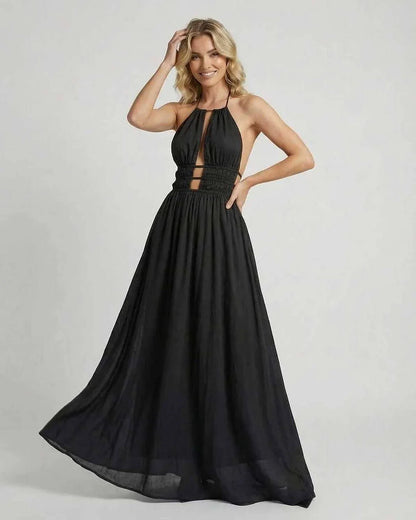 Black A-line Halter Sleeveless Maxi Dress | Weddings, front view | Ramblion | SKU: CMD-48273-black-L-458-2774,CMD-48273-black-M-3244-789,CMD-48273-black-S-8165-9010,CMD-48273-black-XL-1139-7569,CMD-48273-black-XS-1891-9921