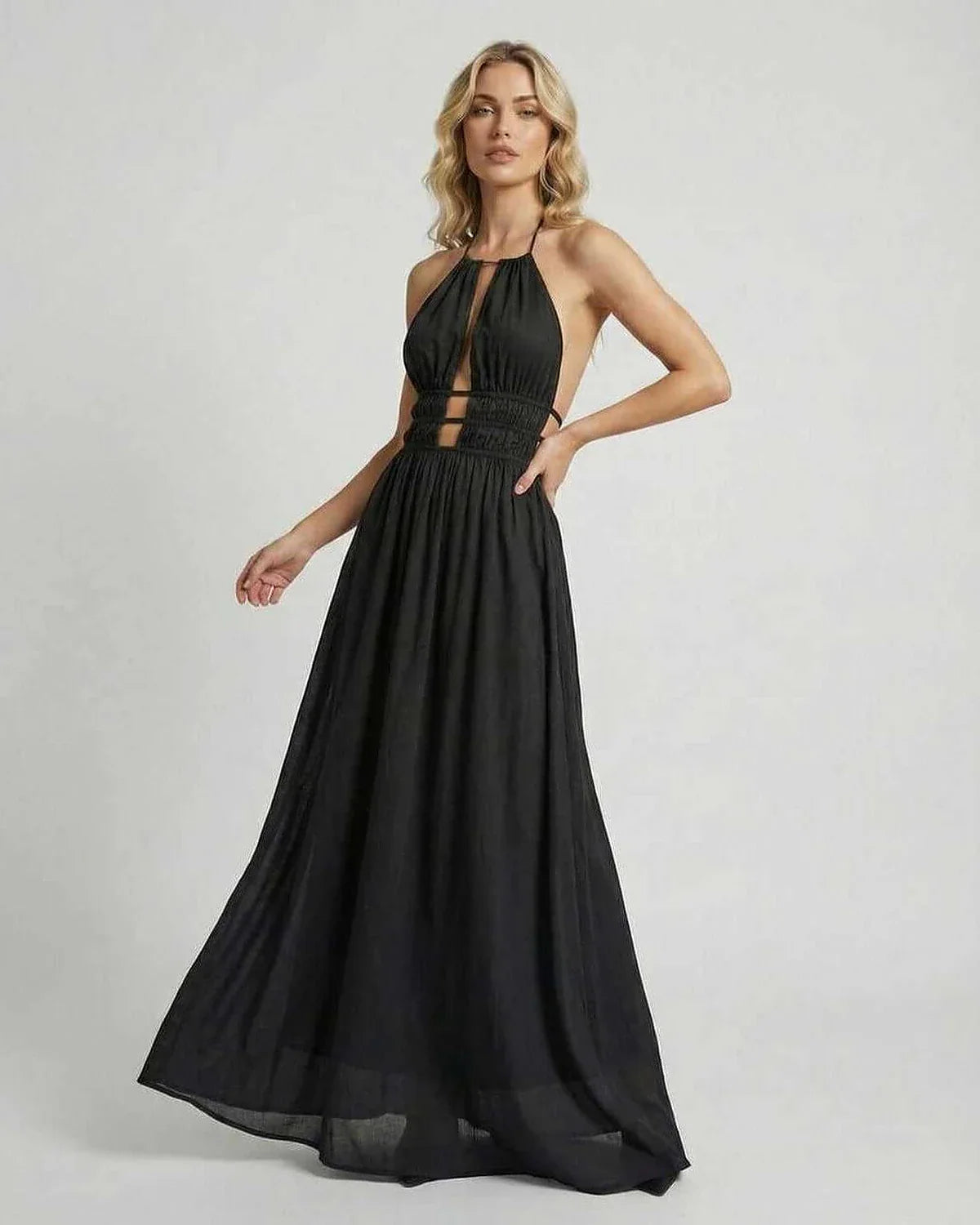 Black A-line Halter Sleeveless Maxi Dress | Weddings, front view | Ramblion | SKU: CMD-48273-black-L-458-2774,CMD-48273-black-M-3244-789,CMD-48273-black-S-8165-9010,CMD-48273-black-XL-1139-7569,CMD-48273-black-XS-1891-9921
