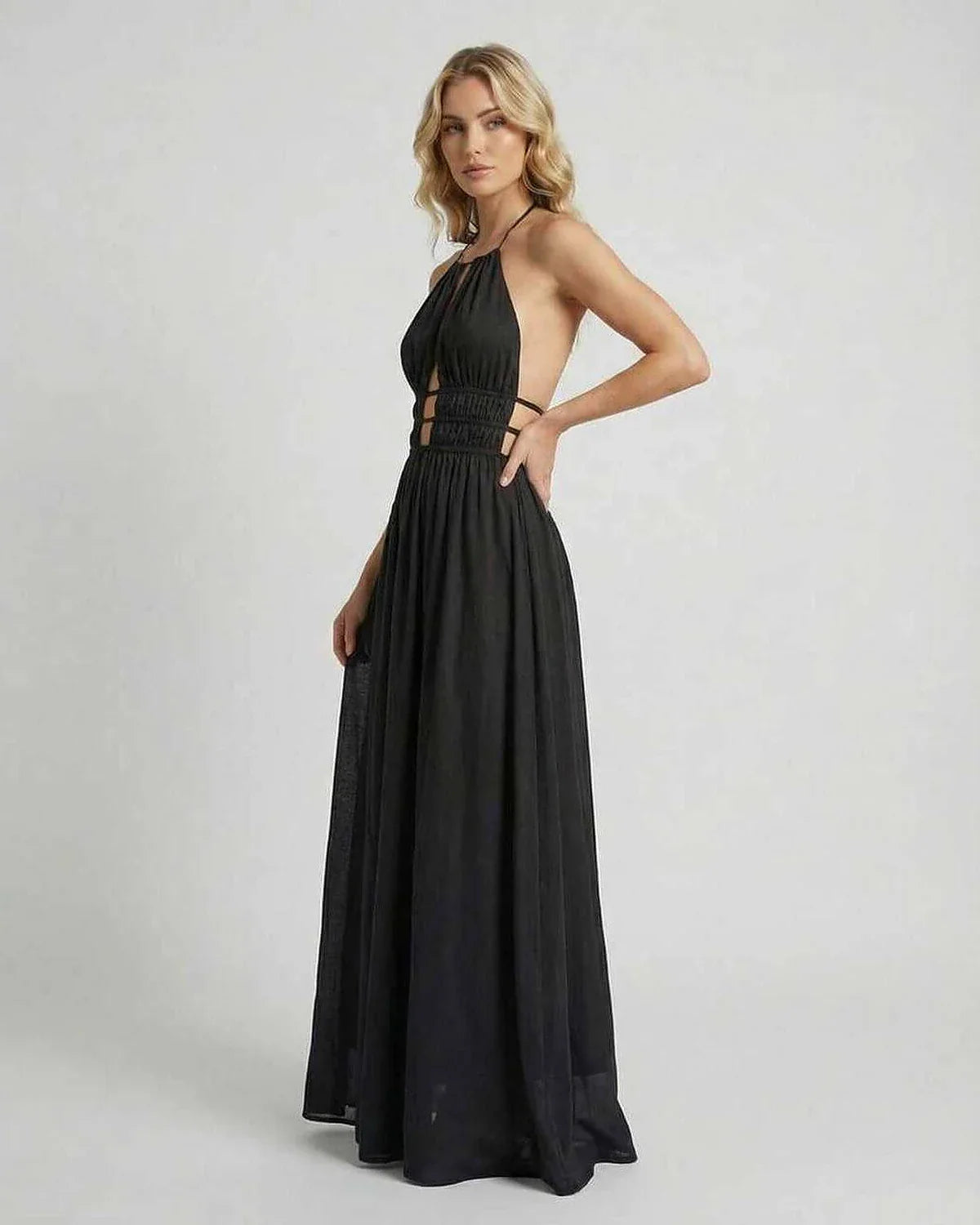 Black A-line Halter Sleeveless Maxi Dress | Weddings, side view | Ramblion | SKU: CMD-48273-black-L-458-2774,CMD-48273-black-M-3244-789,CMD-48273-black-S-8165-9010,CMD-48273-black-XL-1139-7569,CMD-48273-black-XS-1891-9921